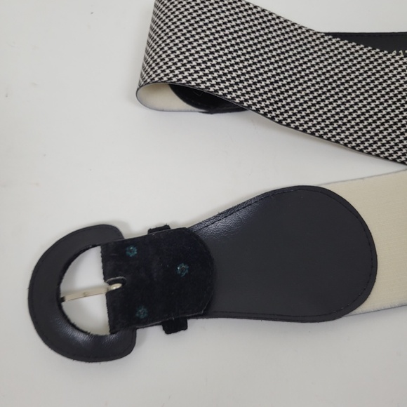 90s Houndstooth Belt Wide Buckle Thick Suede Black White - Picture 6 of 11